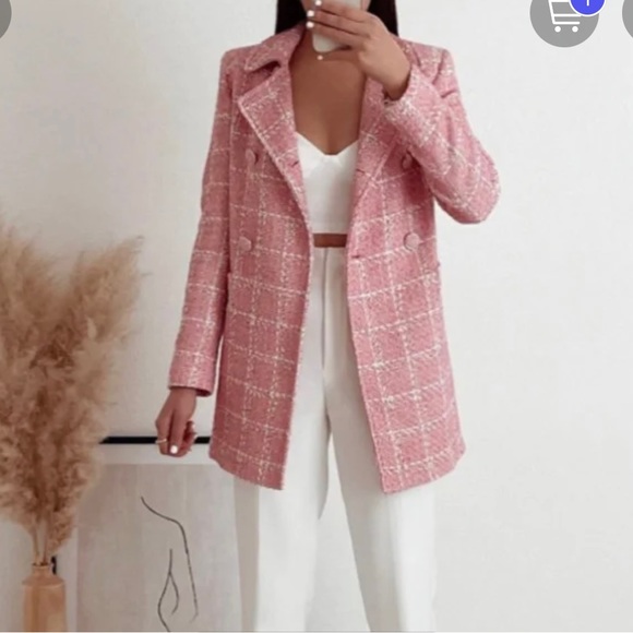 Zara pea coat NWT pink check coat Chanel Jackie Kennedy style NWT - Picture 1 of 7